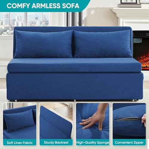 BALUS 43" W Queen Size Sleeper Couch Bed Pull Out Sofa with Pullout Beds, 2 in 1 Convertible Linen Single Sleepers Sofas Chair with Foldable Mattress and Pillows for Small Space Apartment, Blue - color: Blue, size: Queen