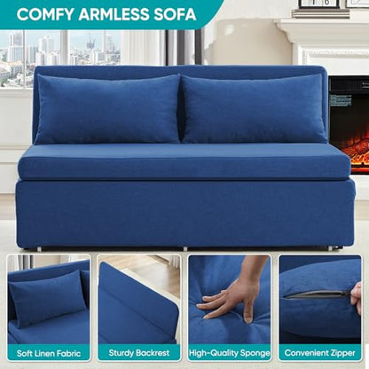 BALUS 43" W Queen Size Sleeper Couch Bed Pull Out Sofa with Pullout Beds, 2 in 1 Convertible Linen Single Sleepers Sofas Chair with Foldable Mattress and Pillows for Small Space Apartment, Blue - color: Blue, size: Queen