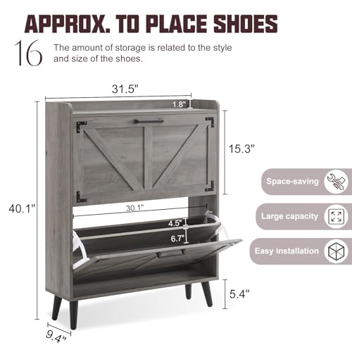 Barnyatoh Shoe Storage Cabinet with 2 Flip Drawers,Hidden Shoe Organizer | Farmhouse Freestanding Narrow Slim Shoes Rack Cabinet with Adjustable Shelves for Entryway Hallway,Washed Gray - color: Washed Gray