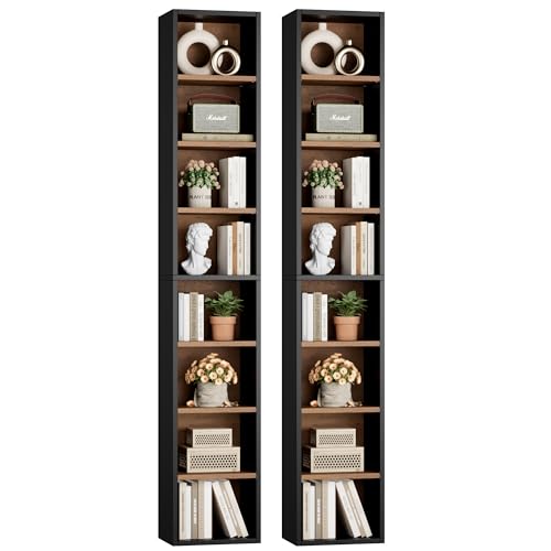 FOTOSOK 2 Pcs 71'' Tall Narrow Bookshelf, 8-Tier Media Tower Rack Set of 2 | CD DVD Storage Cabinet with Adjustable Shelves, Tall Narrow Bookcase Skinny Display Bookshelf Slim Shelf, Black/Brown - color: Black/Brown