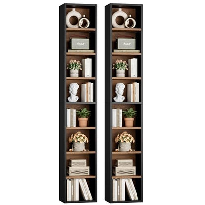 FOTOSOK 2 Pcs 71'' Tall Narrow Bookshelf, 8-Tier Media Tower Rack Set of 2 | CD DVD Storage Cabinet with Adjustable Shelves, Tall Narrow Bookcase Skinny Display Bookshelf Slim Shelf, Black/Brown - color: Black/Brown