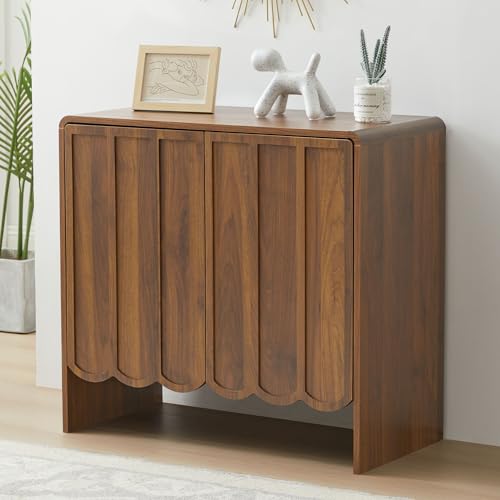 Sideboard Buffet Cabinet, Accent Storage Cabinets with 2 Doors, Farmhouse Wood Cabinet with Adjustable Shelves and Wave Panel for Living Room, Dining Room, Entry - Walnut - color: 2 Doors Walnut, size: 15.7"D x 31.5"W x 29.5"H (2 Door)