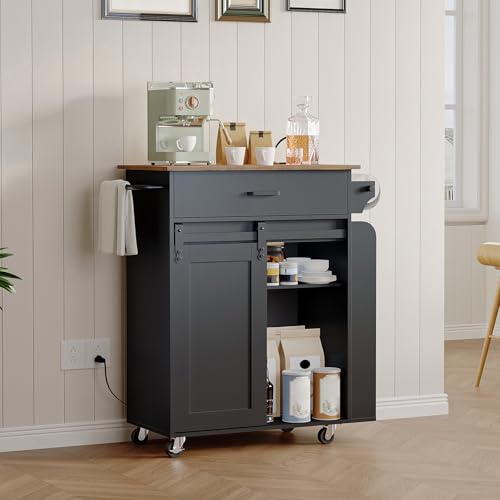 Kitchen Island with Storage, Mobile Kitchen Cart with Charging Station, Kitchen Island on Wheels, Rolling Island Table with Sliding Cabinet Door, Black and Rustic Brown ZD01UBR - color: Rustic Brown + Black