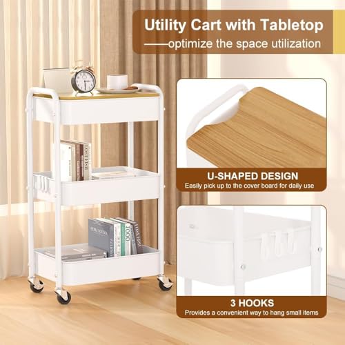 3 Tier Metal Utility Cart, Rolling Storage Cart with Wooden Tabletop, Metal Organizer Cart with Lockable Wheels for Office, Bedroom, Kitchen and Living Room (White) - color: White
