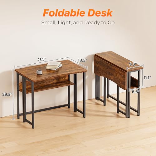 Huuger Folding Desk with Storage Shelf, 31.5 Inch Foldable Computer Table | Writing Work Office Computer Desk for Small Spaces, Space Saving Sofa Table for Couch, Easy to Fold, Rustic Brown - color: Rustic Brown, size: 18.5"D x 31.5"W