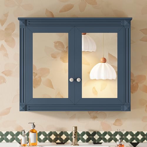 Merax Bathroom Medicine Cabinet with Mirror Door & Adjustable Shelves | 36" x 28" Wall Mounted Bathroom Storage Cabinet with Mirror, Over the Toilet - color: Blue, size: 36"