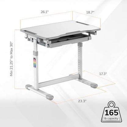 Mount-It! Kids Desk and Chair Set Height Adjustable up to 30" Ergonomic for School - Table and Chairs for Student 26" x 18" Tabletop with Pencil Drawer, 3-10 Age Children, Grey - color: Grey