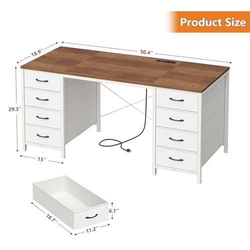 50 Inch Computer Desk with 8 Drawers for Home Office, Bedroom, Living Room | Home Office Desk with Power Outlets, Work Study Gaming Desk with 8 Fabric Drawers, Brown & White - color: Brown and White, size: 18.9"D x 50.4"W x 29.3"H