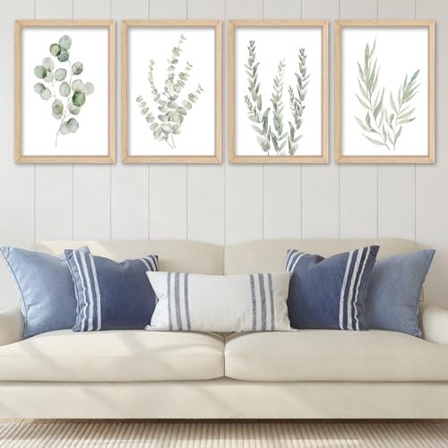 Bathroom Decor Sage Green Eucalyptus Botanical Wall Art 11x16 Rustic Frame | Watercolor Prints Sign Decor Minimalist Wood Framed Set of 4 for Laundry Room Office Wall Hanging - color: Botanical Watercolor (Wood), size: 11"L x 16"W