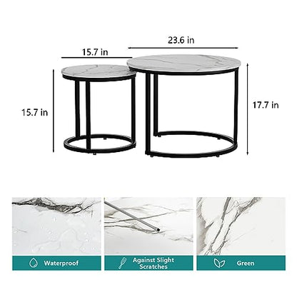 Smuxee White Nesting Coffee Table Set of 2, 23.6" Round Coffee Table Wood Grain Top with Adjustable Non-Slip Feet, Industrial End Table Side Tables for Living Room Bedroom Balcony Yard - color: White-black, size: 23.6"W