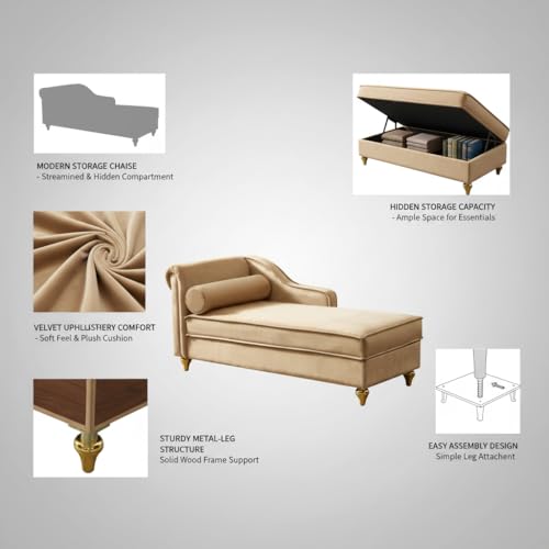 60.6" Modern Storage Chaise Lounge Indoor,Velvet Upholstery Sofa Chair with1 Toss Pillows,Upholstery Lounge Sofa with Gold Metal Legs for Small Apartment,Living Room,Office,Reception Area,Khaki - color: Khaki