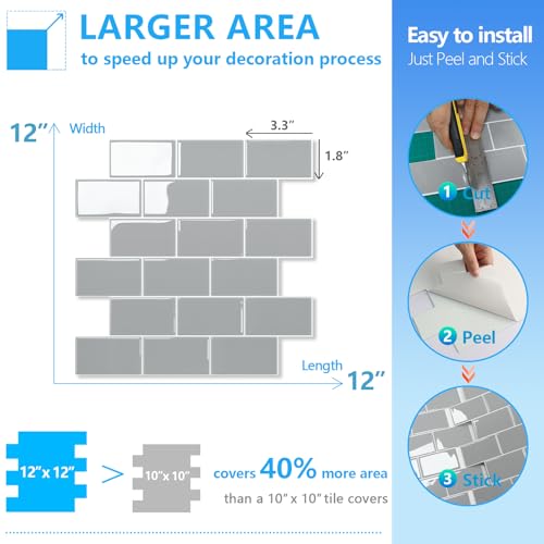 STICKGOO Subway Tile Peel and Stick Backsplash, Thicker Design 12" x 12" Stick on Backsplash Tiles for Kitchen, Bathroom, Wall Tile (10 Sheets, Light Grey) - color: Light Grey With White Grout