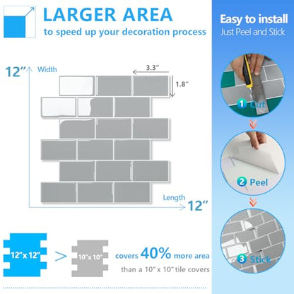 STICKGOO Subway Tile Peel and Stick Backsplash, Thicker Design 12" x 12" Stick on Backsplash Tiles for Kitchen, Bathroom, Wall Tile (10 Sheets, Light Grey) - color: Light Grey With White Grout