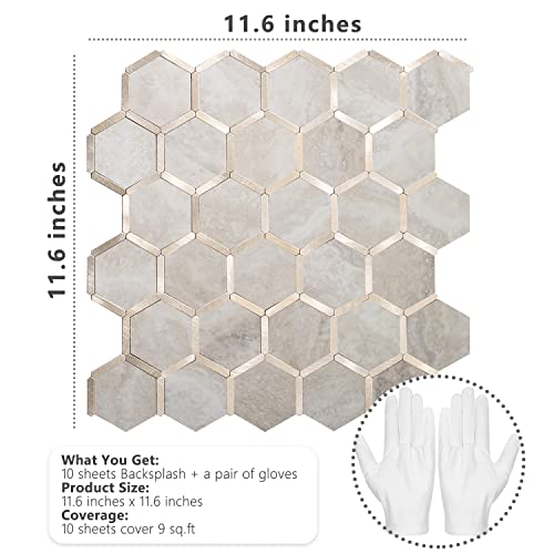 STICKGOO Hexagon Peel and Stick Backsplash Tile, Stick on Backsplash for Kitchen and Bathroom, Beige Marble Look PVC Mixed Metal Gold Self Adhesive Wall Tiles(10 Sheets, Seamless) - color: Beige Marble with Metal Gold