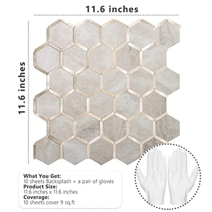 STICKGOO Hexagon Peel and Stick Backsplash Tile, Stick on Backsplash for Kitchen and Bathroom, Beige Marble Look PVC Mixed Metal Gold Self Adhesive Wall Tiles(10 Sheets, Seamless) - color: Beige Marble with Metal Gold