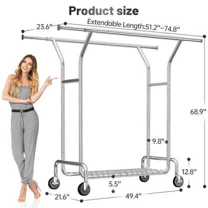 Raybee Heavy Duty Clothes Rack 630 LBS Double Rods Sturdy Shelves & Wheels | Rolling Clothing Rack with 360° Lockable Wheels, Easy Assembly, Portable Adjustable Garment Rack for Home & Commercial - color: Silver
