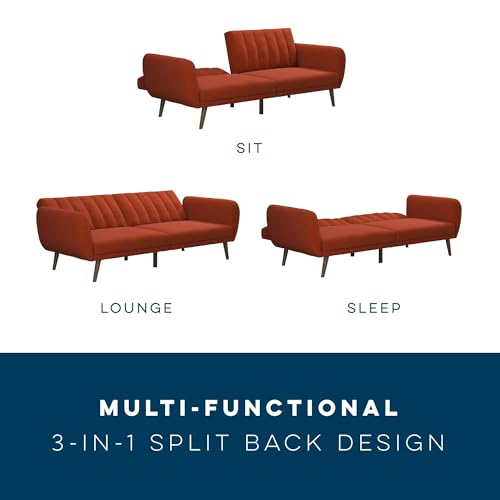 Novogratz Brittany 82 Inch Futon Sofa Bed in Linen, Upholstered Couch Sleeper with Tufted Back, Mid-Century Modern Design, Persimmon - color: Persimmon Linen