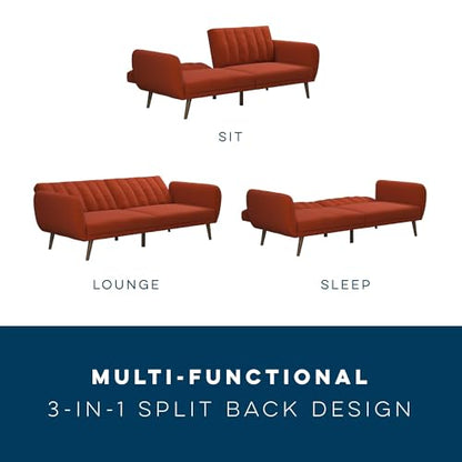 Novogratz Brittany 82 Inch Futon Sofa Bed in Linen, Upholstered Couch Sleeper with Tufted Back, Mid-Century Modern Design, Persimmon - color: Persimmon Linen