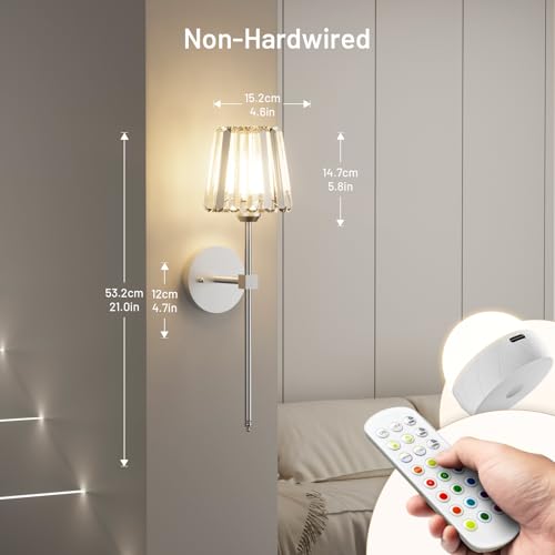 Crystal Battery Operated Wall Sconces Set of 2, Chrome Rechargeable Wireless Wall Lights with Crystal Lampshade, 12 RGB and 3CCT Dimmable Wall Lamps with Remote for Bedroom Living Room Hallway - color: Chrome