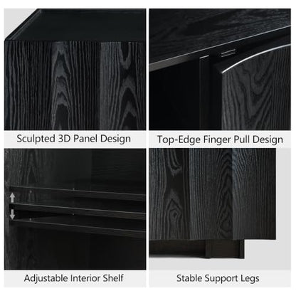 win2win 61" Modern TV Stand with Storage, Wave Design, Black | Media TV Console for Living Room Bedroom, Entertainment Center for 70 Inch TV, Wood Grain Finish, Adjustable Shelves - color: Black