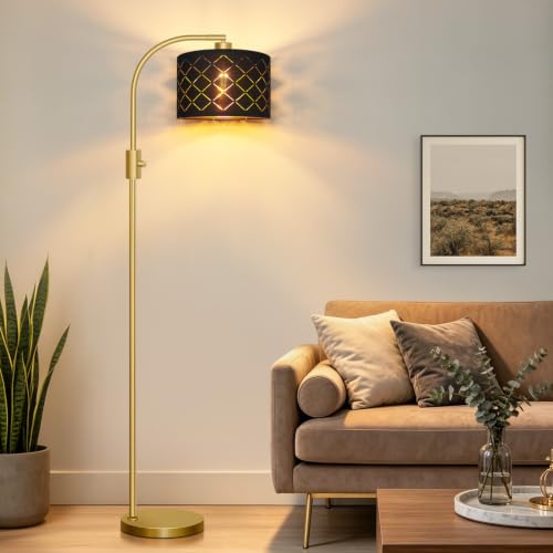 Nintiue Dimmable Floor Lamp, 1200 Lumens LED Edison Bulb Included, Arc Gold Floor Lamps for Living Room Modern Standing Lamp with Black Grid Shade - color: Gold - Black & Gold Shade