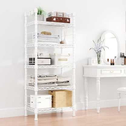 Metal Storage Rack, Storage Organizer Shelves for Kitchen, Bathroom, Living Room, Balcony and Garage, 5 Tiers Narrow Bookshelf, 21.2" W x 9.4" D x 59.2" H, Load 400lbs, White | 5 Tiers Narrow Bookshelf, Storage Rack for Bathroom, Living Room, Balcony and