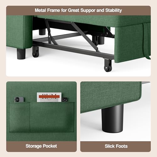 Convertible Sleeper Chair Sofa Bed, 3 in 1 Pull Out Chair, Green | 3 in 1 Chair Bed, Adjustable Backrest, Storage Pocket, Compact Fit for Living Rooms, Apartments, Guest rooms - color: Green