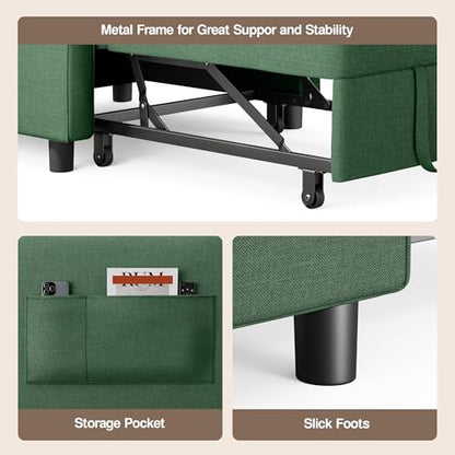 Convertible Sleeper Chair Sofa Bed, 3 in 1 Pull Out Chair, Green | 3 in 1 Chair Bed, Adjustable Backrest, Storage Pocket, Compact Fit for Living Rooms, Apartments, Guest rooms - color: Green