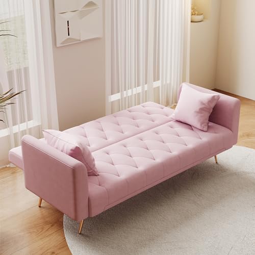 Anwick 72''Modern Velvet Sofa Bed Futon,Convertible Folding Sleeper Couches with 3 Adjustable Backrests,Tufted Recliner Loveseat with Golden Chrome Legs for Living Room Apartment Office (Light Pink) - color: Light Pink