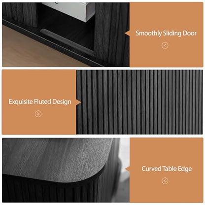 24" Large Square End Table with Charging Station, Farmhouse Fluted Sofa Side Table with Sliding Tambour Door & Storage, Curved Rustic Wood Nightstand for Living Room, Bedroom, Black - color: Black