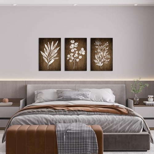 Conipit Rustic Botanical Wall Art Canvas Brown Botanical Painting Minimalist Vintage Leaf Plant Artwork Prints Framed For Living Room Bedroom Wall Decor 16''X24''X3pcs - color: brown, size: 16" x 24" (3 Panels)