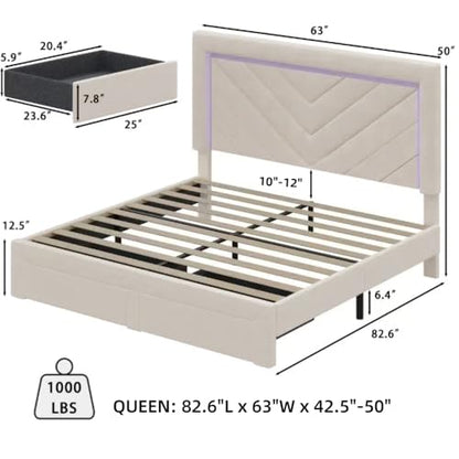 Queen Size Bed Frame with Adjustable Headboard and Storage Drawer, Upholstered Bed Frame Queen with RGB LED Lights and Charging Station, Easy Assembly, No Box Spring Needed, Off White - color: Off White, size: Queen