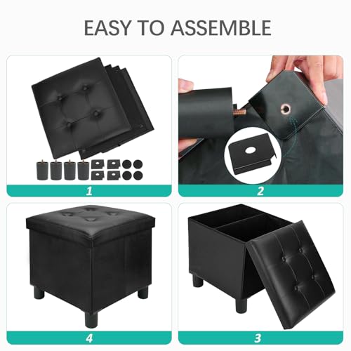 18 Inches Cube Storage Ottoman, Faux Leather Collapsible Square Folding Ottoman Furniture with Storage for Living Room Bedroom, Foot Rest Foot Stool with Legs, Black 18x18x18 Inches - color: Black