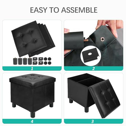 18 Inches Cube Storage Ottoman, Faux Leather Collapsible Square Folding Ottoman Furniture with Storage for Living Room Bedroom, Foot Rest Foot Stool with Legs, Black 18x18x18 Inches - color: Black