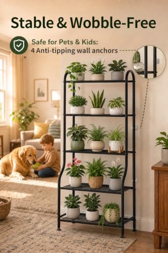 5-Tier Metal Plant Stand - Heavy Duty Indoor Outdoor Flower Shelf for Multiple Pots, 65" Tall Vertical Holder with Adjustable Leveling Feet & Wall-Fixing Kits, Black