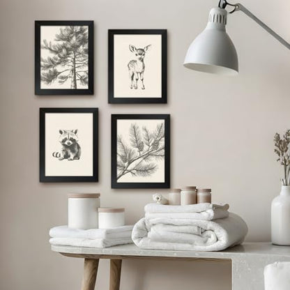 4Pcs Framed Wall Art Set Forest Animal Sketches on Canvas Nature Inspired Gallery Grade Artwork Ideal for Living Rooms Bedrooms and Children's Rooms 8x10 Ready to Hang - color: Sketch
