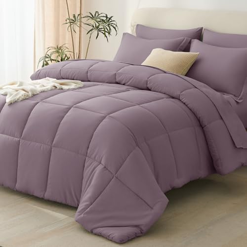 Queen Comforter Set, 7-Piece Bed in a Bag, Dusty Purple | OEKO-TEX Certified, Box-Stitched Design, 240 GSM Down Alternative Fill, All-Season Comfort, Sheets, Pillowcases & Shams - color: Dusty Purple, size: Queen(88"x88")