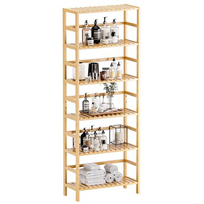 HITNET Bamboo Shelf, 6-Tier Adjustable Tall Open Bookcase, Bathroom Storage Rack Freestanding Shelving Unit, Plant Display Stand for Small Space, Natural - color: Natural