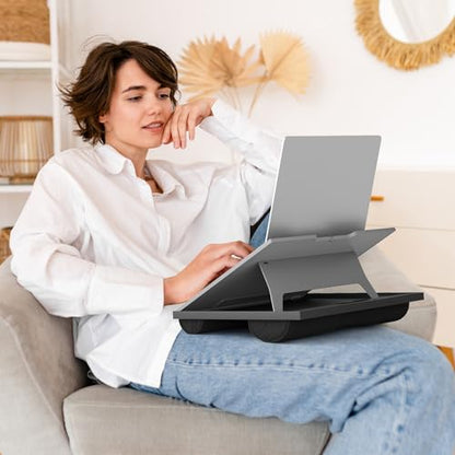 HUANUO Lap Desk with 8 Adjustable Angles – Up to 15.6" Laptop, Grey | Dual-cushion base, carry handle, 30% thicker for durability, wider anti-slip ledge, for home office, sofa, bed, car - color: Gray