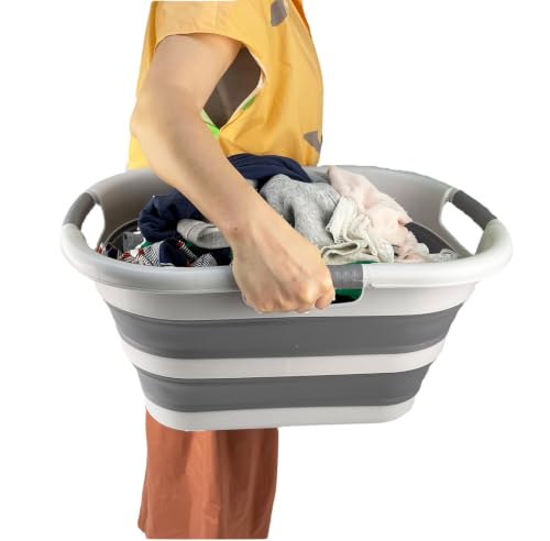 SAMMART 30L (7.9 gallon) Collapsible Plastic Laundry Basket - Foldable Pop Up Storage Container/Organizer - Portable Washing Tub - Space Saving Hamper/Basket (1, Grey/Deep Grey) - color: Grey/Deep Grey