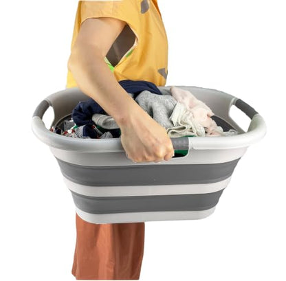 SAMMART 30L (7.9 gallon) Collapsible Plastic Laundry Basket - Foldable Pop Up Storage Container/Organizer - Portable Washing Tub - Space Saving Hamper/Basket (1, Grey/Deep Grey) - color: Grey/Deep Grey