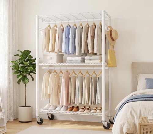 Heavy Duty Clothes Rack Load 350 LBS, Hanging Rods Clothes Rack, Black | Clothes Organizer Rack, Heavy-Duty Frame, Removable Rods, Side Hooks, Silent Casters, No Tools, Walk-In Closet, Small Space - color: WHITE, size: 45IN