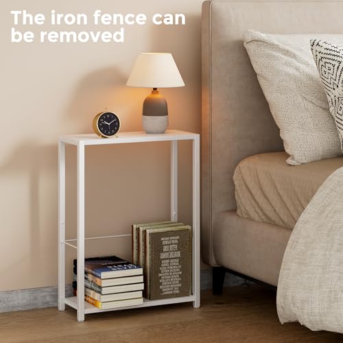 Homleke Narrow Side Table with Magazine Holder, Skinny End Table | Space-Saving Design, Small Spaces, Storage Shelf, Metal Frame, Easy Assembly, 7.1" D x 16.9" W x 23.6" H, White - color: White - Standard