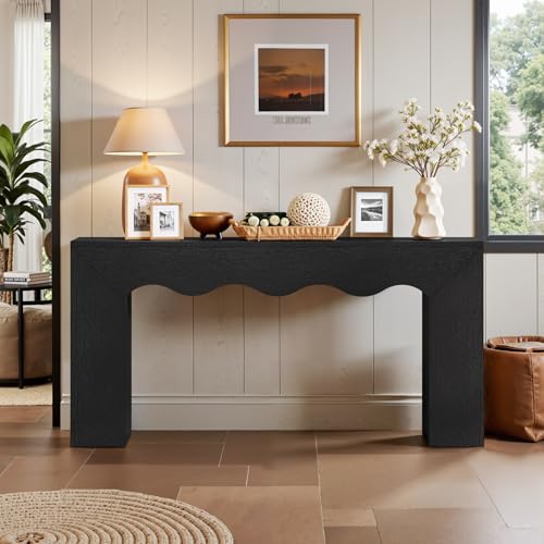 Tribesigns 63" Farmhouse Console Table with Wavy Edge | Wooden Couch Table Behind Sofa with Storage; Long Entryway Sofa Station; Narrow Hallway Stand for Entryway, Living Room - color: Black