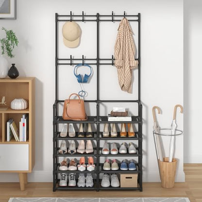 Laiensia 5-Tier Entryway Coat Rack, Coat and Shoe Rack, Entryway Bench Storage Organizer with 8 Hooks for Bedroom, Hallway, Office, Black - color: Black