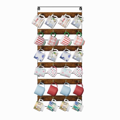 Huxitocan Wall Mount Coffee Mug Holder - Rustic Wood and Iron, Holds Up to 24 Mugs (3Pack) for Kitchen, Home, Coffee Bar - size: 6-tier