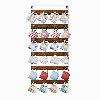 Huxitocan Wall Mount Coffee Mug Holder - Rustic Wood and Iron, Holds Up to 24 Mugs (3Pack) for Kitchen, Home, Coffee Bar - size: 6-tier