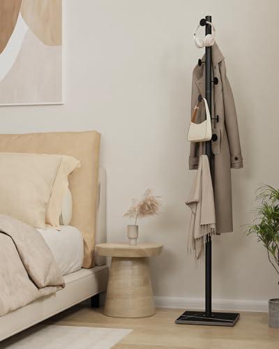Clothes Rack Freestanding, Coat Tree with 8 Hooks, Black | Small Standing Cloth Hanger with Heavy Rock Slab Base, Modern Metal Garment Rack with 8 Hooks for Bedroom, Office - color: Black