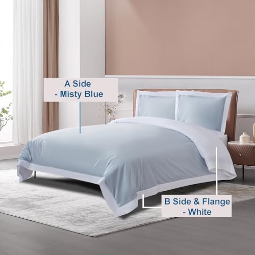 THE COTTON & SILK® Long-Staple Cotton Duvet Cover Set - King Size | Misty Blue + White | 1 Duvet Cover & 2 Pillow Shams | Soft, Breathable, Comfortable, Luxury | Sateen Weave | Genuine 300 TC - color: Misty Blue + White, size: King Set (105“ x 93", 20"x36