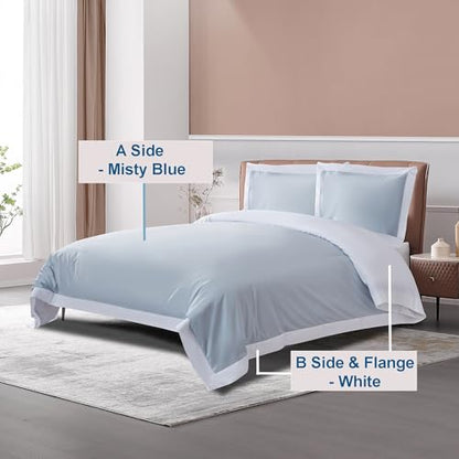 THE COTTON & SILK® Long-Staple Cotton Duvet Cover Set - King Size | Misty Blue + White | 1 Duvet Cover & 2 Pillow Shams | Soft, Breathable, Comfortable, Luxury | Sateen Weave | Genuine 300 TC - color: Misty Blue + White, size: King Set (105“ x 93", 20"x36
